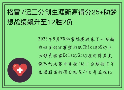 格雷7记三分创生涯新高得分25+助梦想战绩飙升至12胜2负
