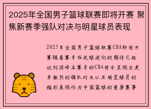 2025年全国男子篮球联赛即将开赛 聚焦新赛季强队对决与明星球员表现